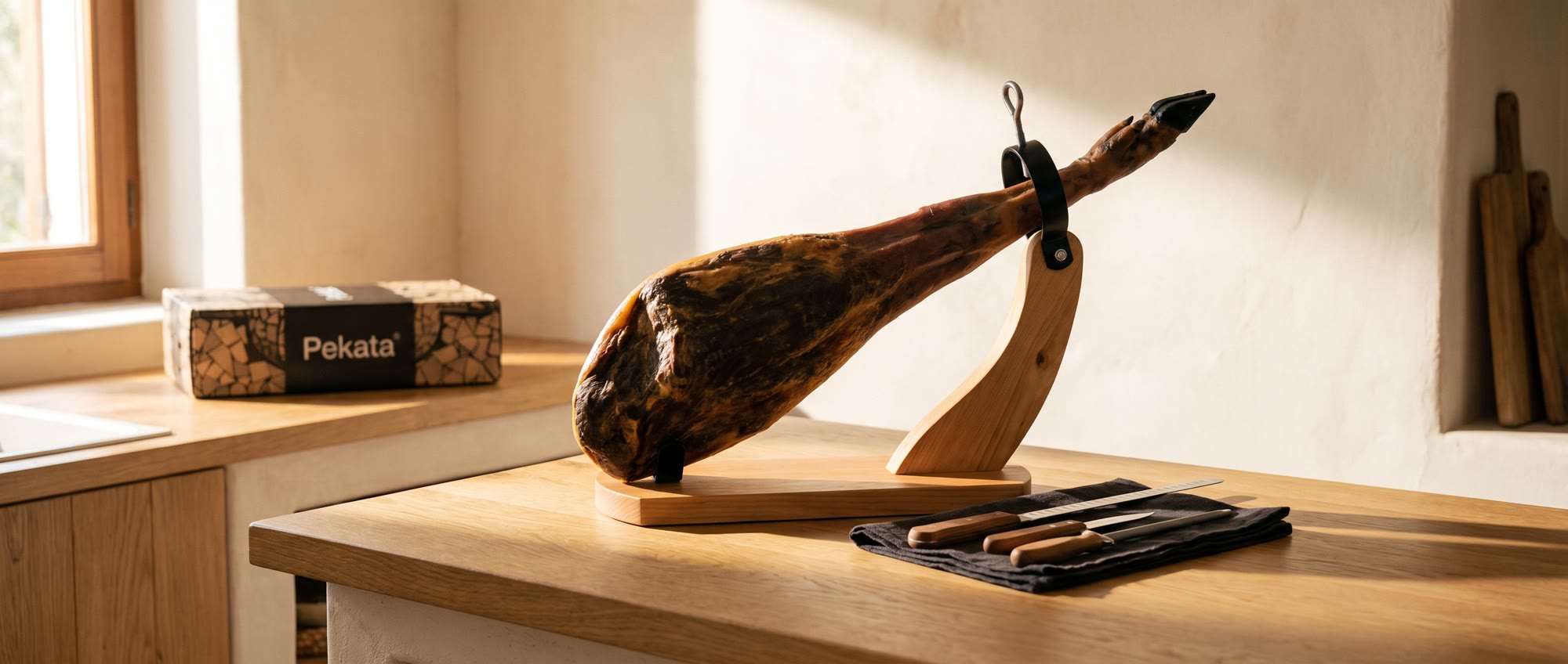 Een hele ham op zijn houder, naast de snijmessen en een Pekata-doos
