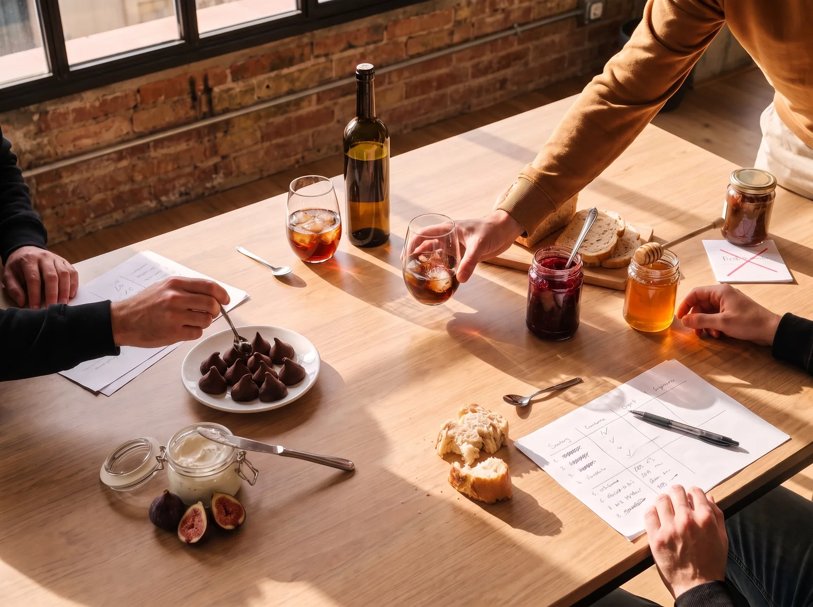 Proeftafel van het team met brood, jam, vijgen en productbeoordelingsformulieren