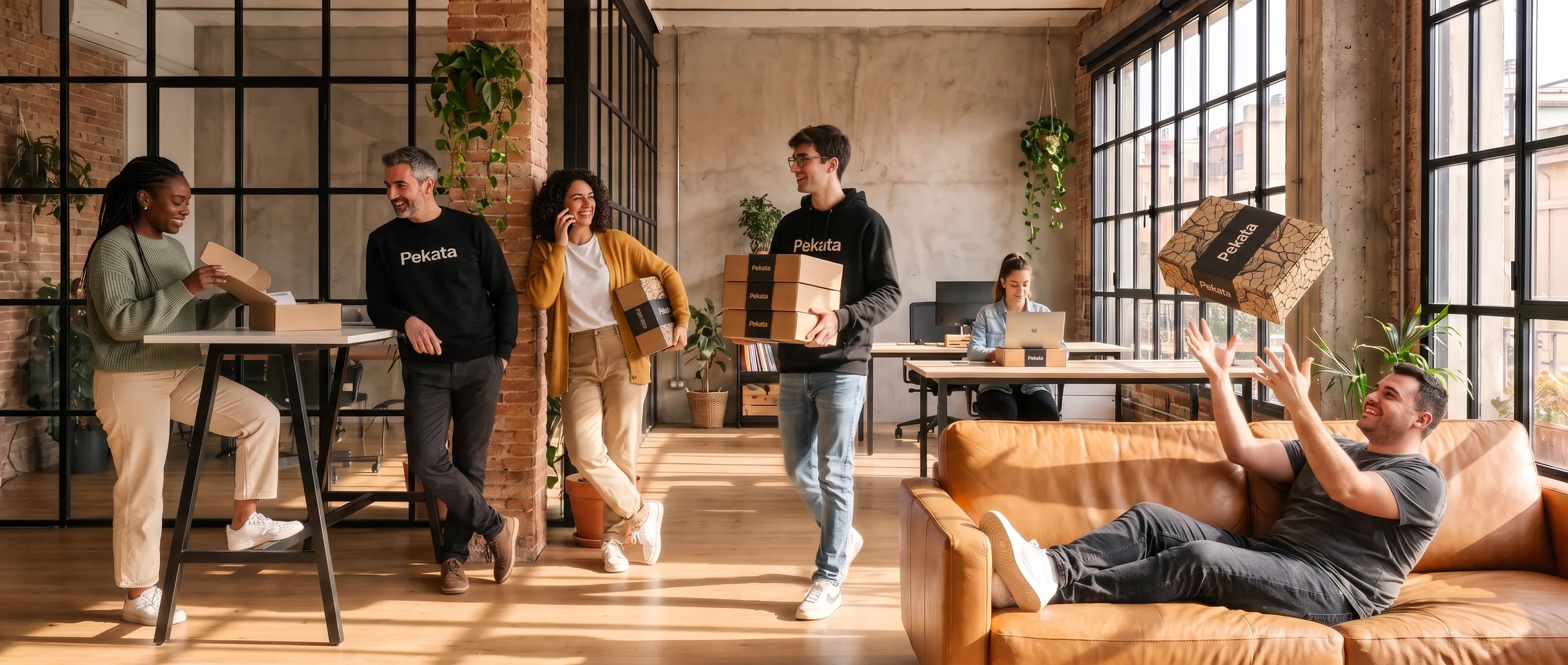 Het Pekata-team in hun loftkantoor in Barcelona met merkgeschenkdozen