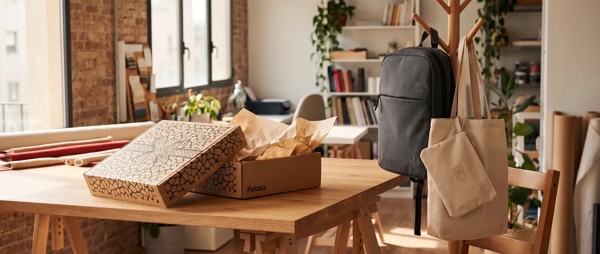 Laptoptas, tote bag en etui met geborduurd logo in een kantoor, met een Pekata-doos op de tafel