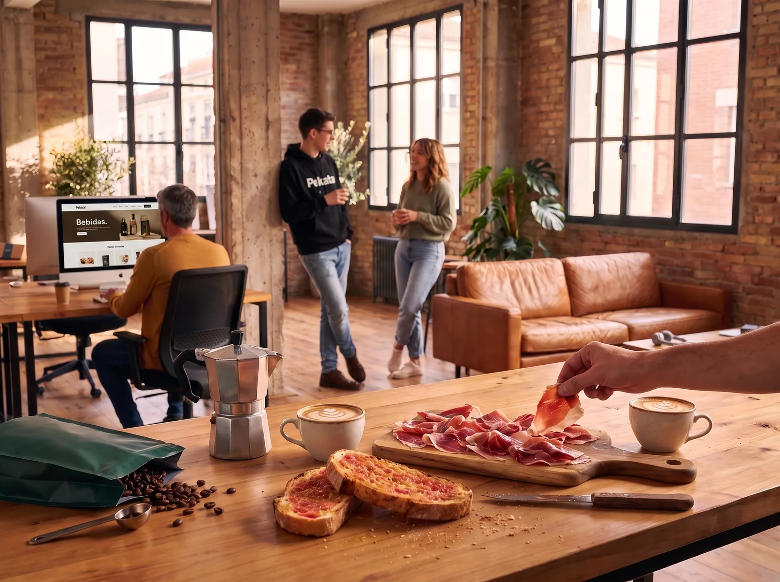 Ontbijt van ham, brood met tomaat en koffie op de kantoortafel, met het Pekata-portaal op een scherm op de achtergrond