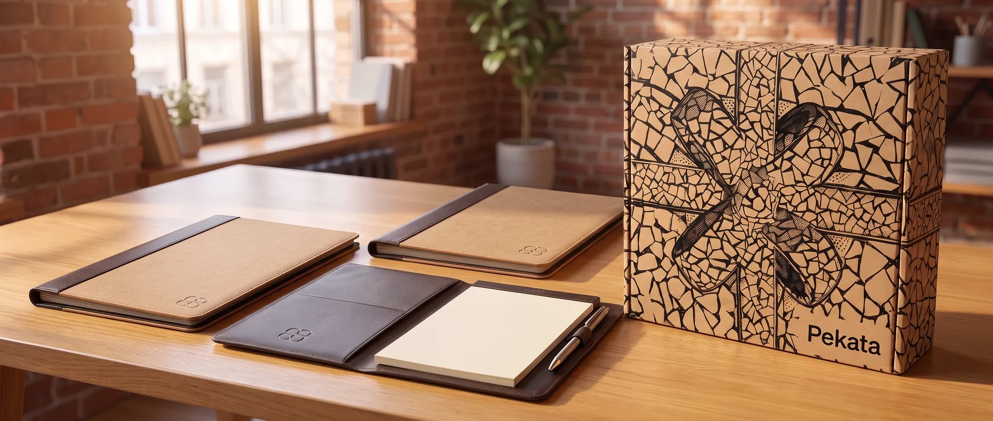A4 document folder customised with a company logo next to a notepad and pen