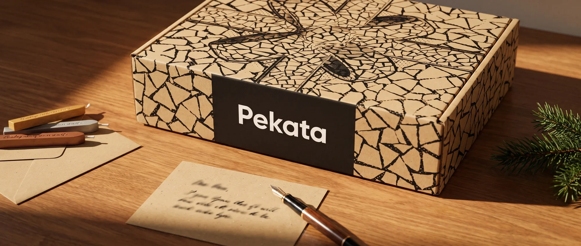 Pen op een kraftkaart naast een envelop en een Pekata kerstpakket met trencadís-patroon