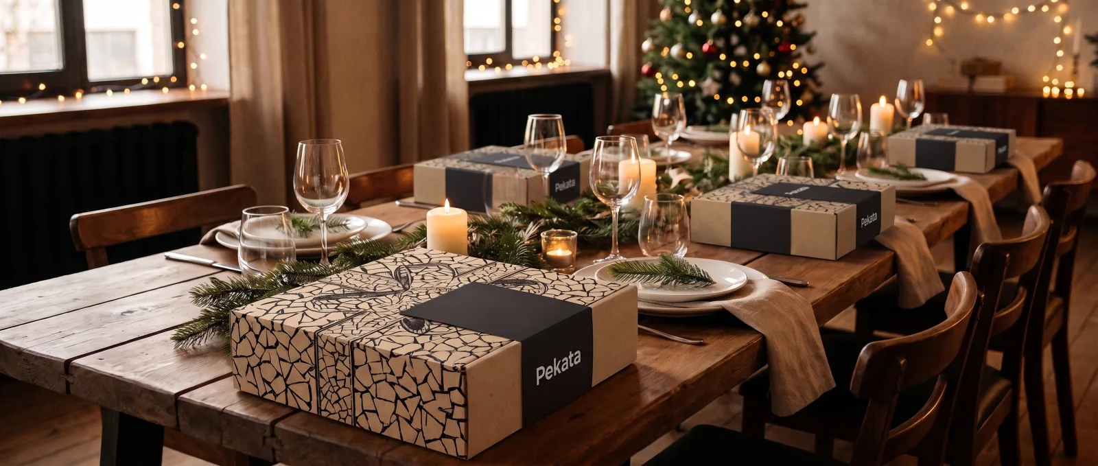 Lange tafel gedekt voor een bedrijfs-kerstdiner met een Pekata-doos op elke plek