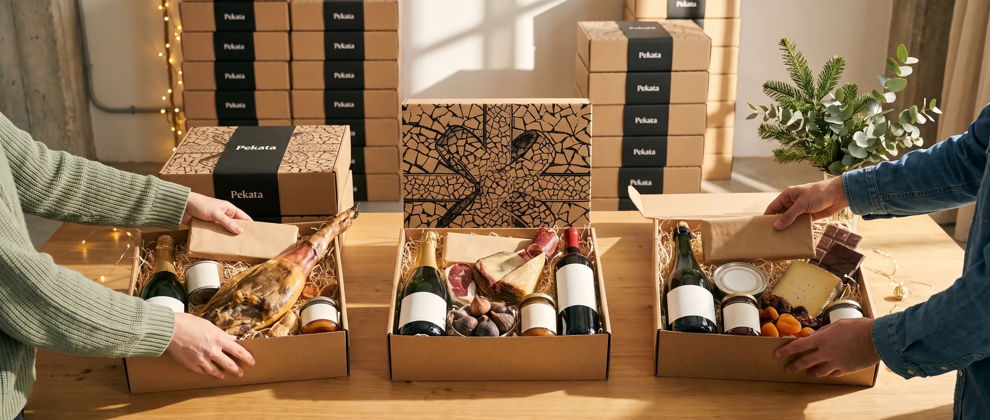 Team preparing Pekata Christmas hampers with ham, cava, and cheese in kraft boxes
