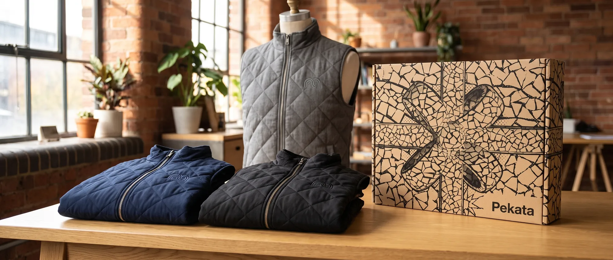 Donkerblauwe gewatteerde bodywarmer met bedrijfslogo geborduurd op de borst