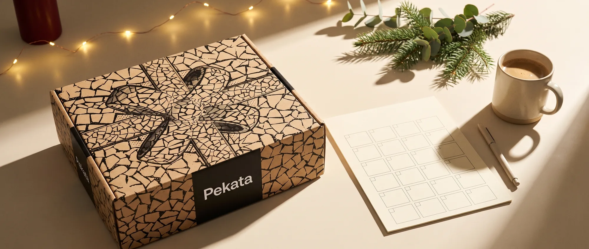 Pekata kerstpakket op een bureau naast een wandkalender en een kop koffie