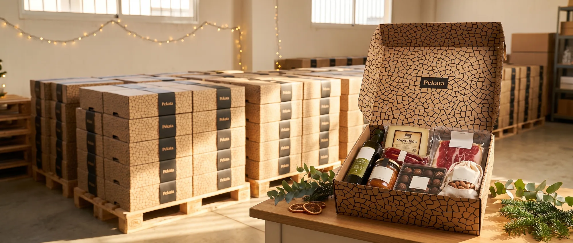 Magazijn met pallets van Pekata kerstpakketten en een open doos met wijn, Manchego kaas en bonbons