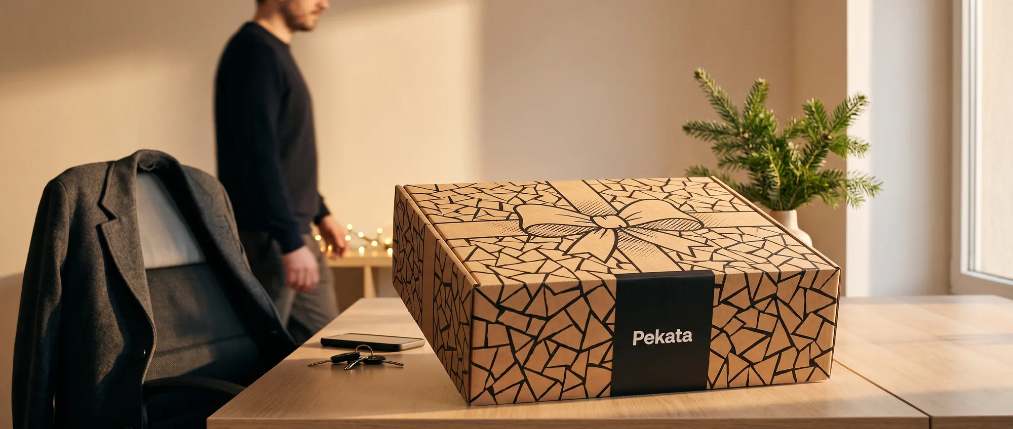 Pekata kerstdoos van kraftpapier met trencadís-motief op een bureau met winterlicht