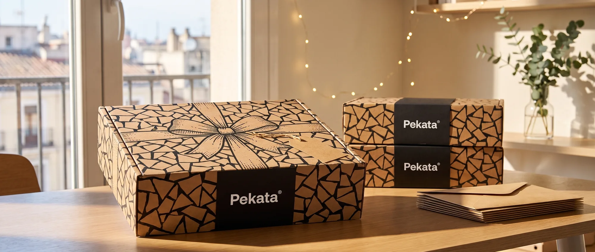 Pekata kerstdoos van kraftpapier met trencadís-motief naast een stapel kraft-enveloppen en een blanco verzendetiket