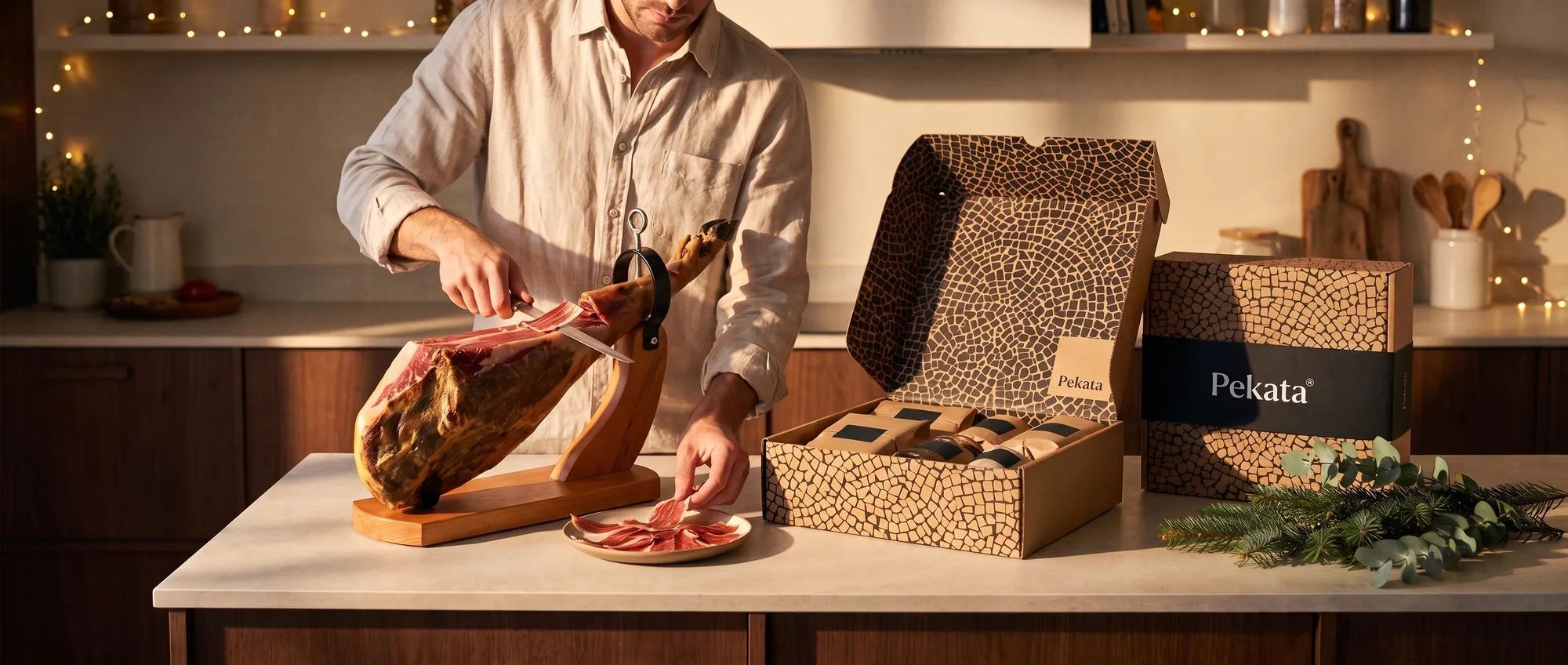 Persoon die een ham snijdt naast een open Pekata kerstpakketdoos met delicatessen verpakt in kraftpapier
