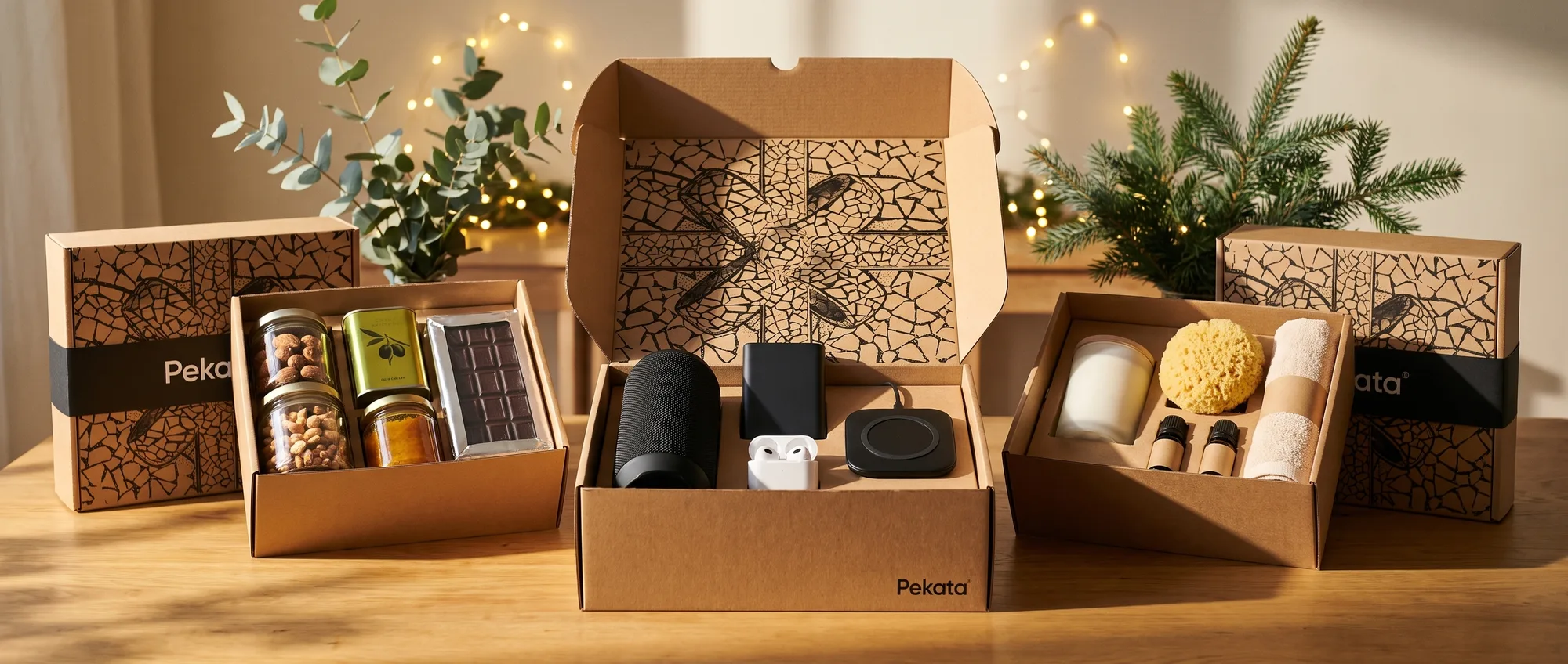 Drie geopende Pekata kerstdozen met verschillende inhoud op een houten tafel