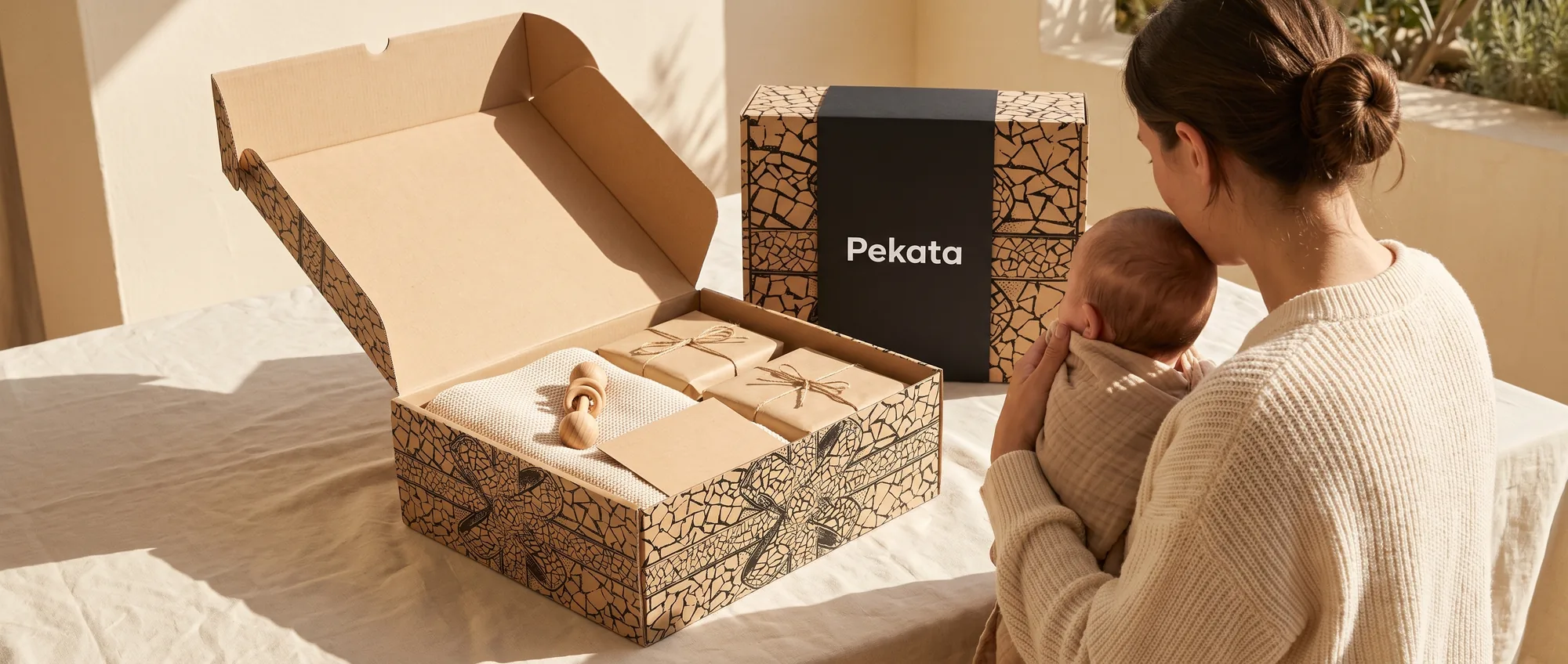 Open Pekata-doos met een gebreide deken, een houten speelgoed en een kraftkaart op een linnen oppervlak