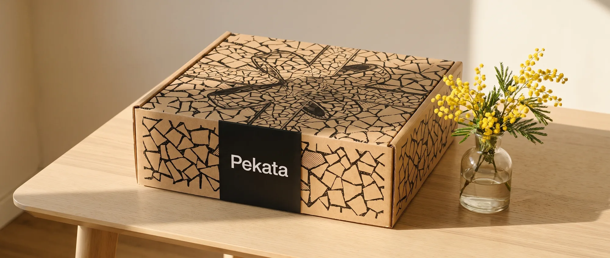 Pekata geschenkdoos met trencadís-patroon naast een klein boeket mimosa in lentelicht