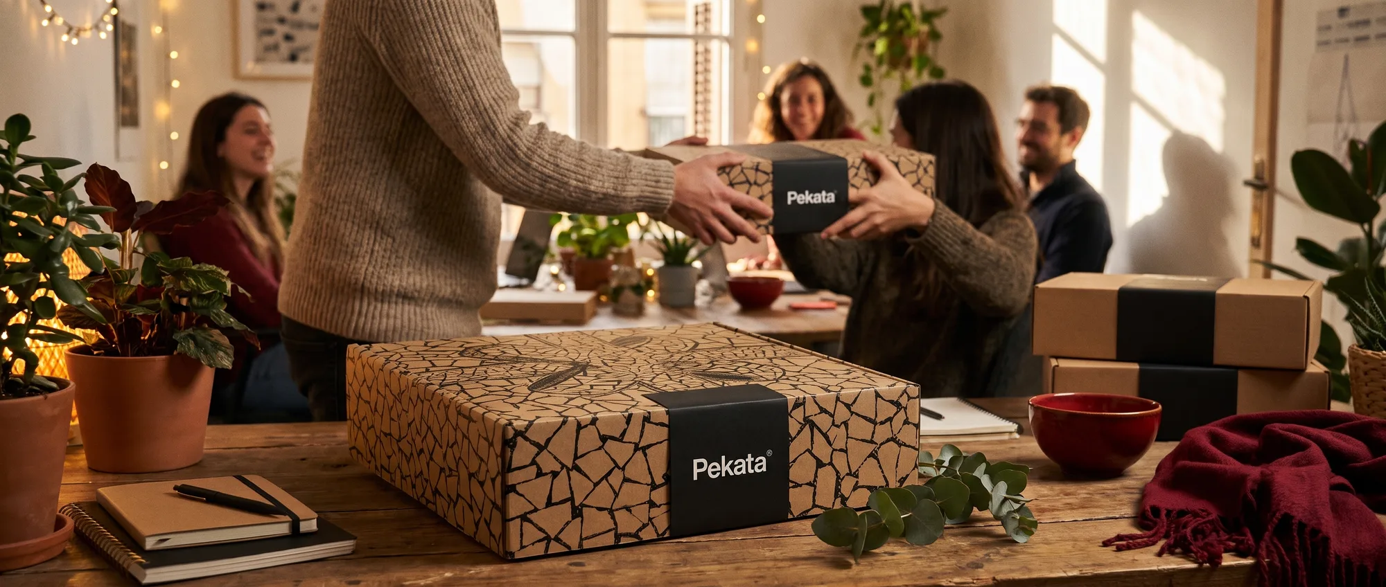 Collega's van een klein bedrijf die Pekata kerstpakketten uitwisselen in een gezellige kantooromgeving
