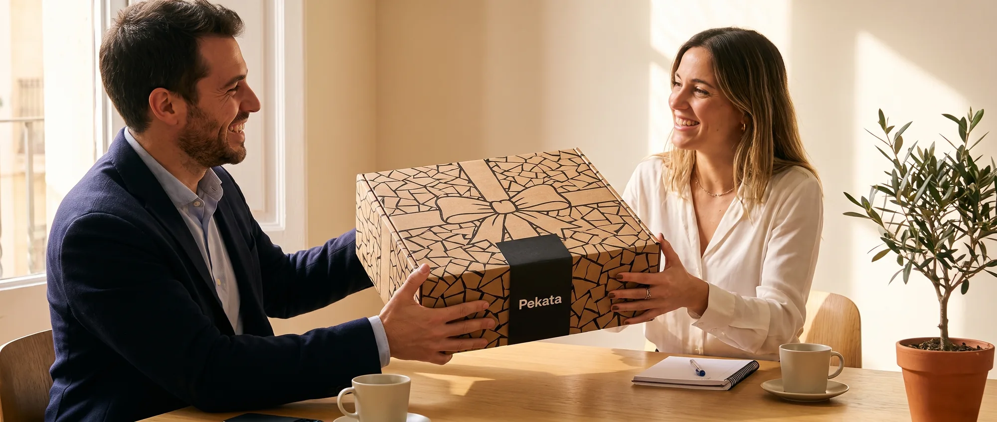 Person handing a closed Pekata box to a smiling client in a bright meeting room