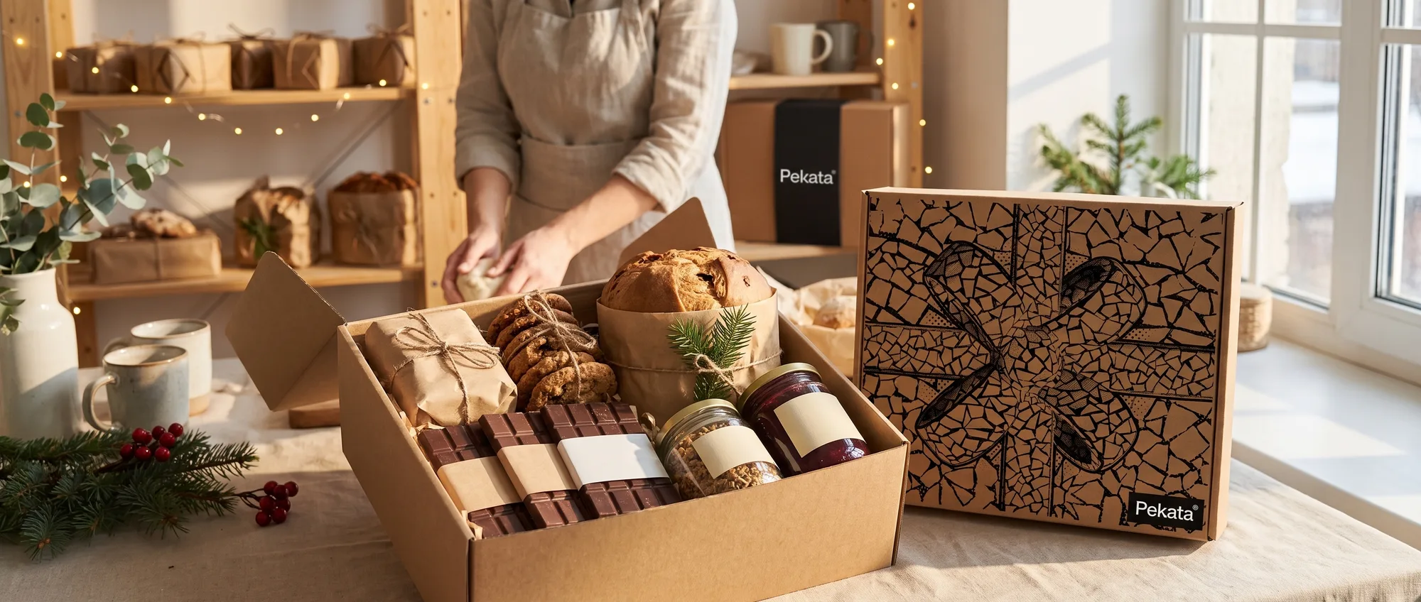 Open Pekata kerstpakketdoos met ambachtelijke zoetigheden verpakt in kraftpapier op een lichte toonbank