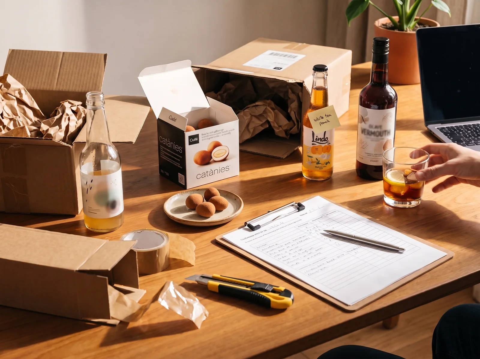Ontvangsttafel voor monsters met ambachtelijke producten en een beoordelingsformulier