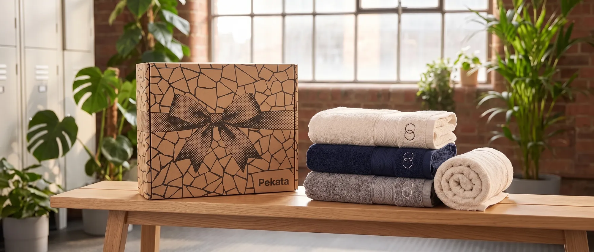 Cotton terry towel folded with a corporate logo embroidered on the border