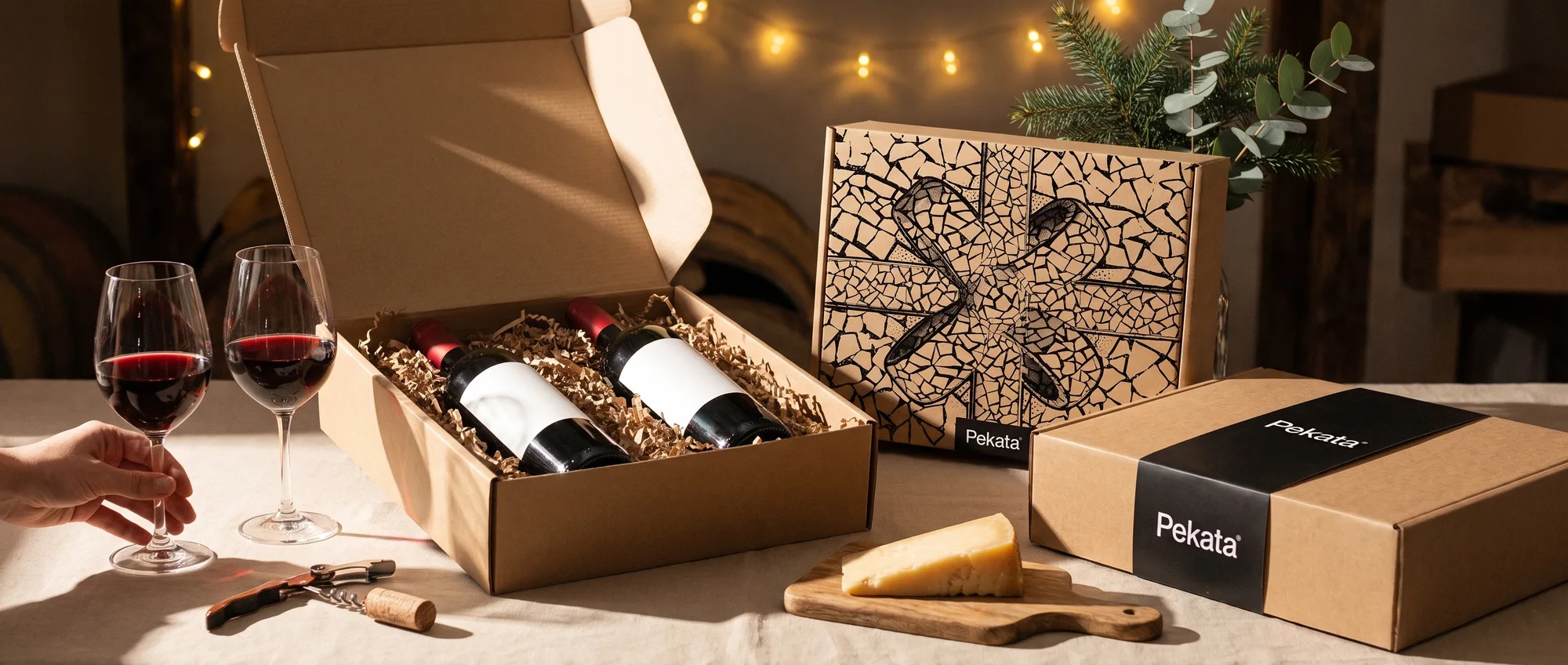 Open Pekata kerstpakketdoos met twee flessen wijn, glazen en een kaasplank op een houten tafel
